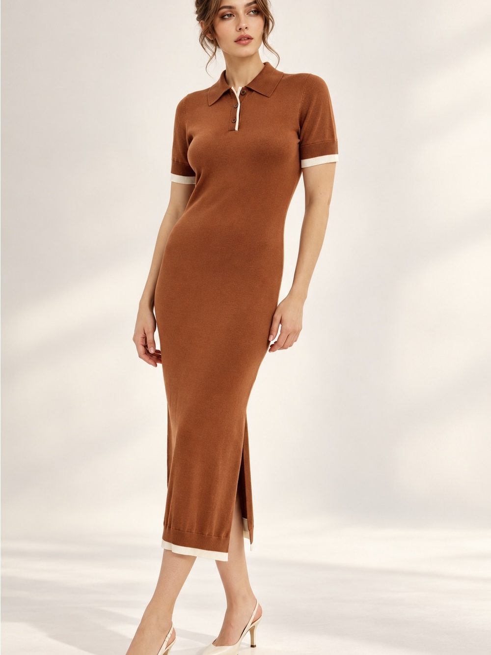 Knit Midi Sweater Dress Short Sleeve Polo Collar Bodycon Side Slit NWT